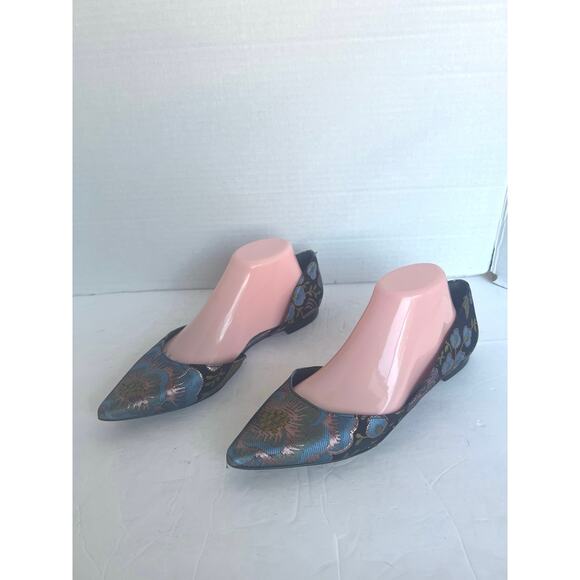Marc Fisher D’Orsay Blue Gold Floral Pattern Flat Slip On Pointy Toe Shoes 9.5M - Picture 2 of 11